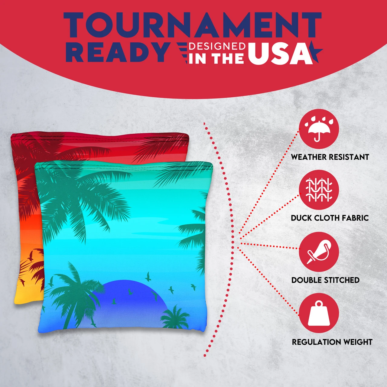 Red Blue Palm Sky Tournament Cornhole Bags - Set Of 8 - Image 5