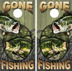 Gone Fishing Wood Version Cornhole Wraps - Set Of 2