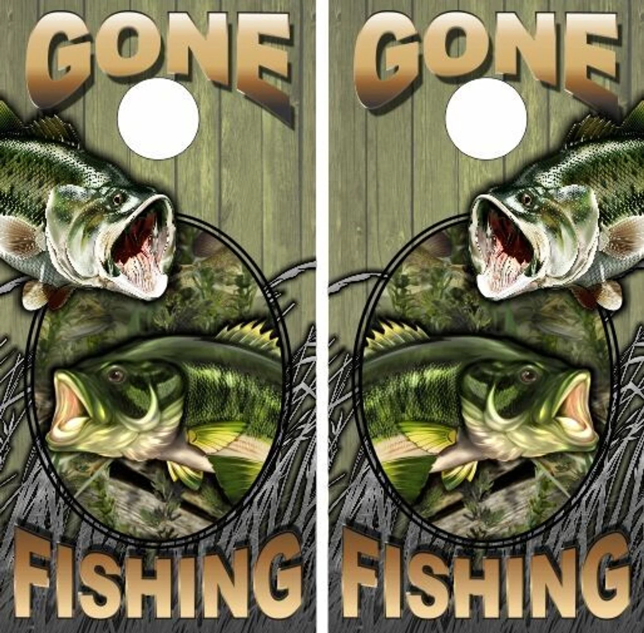 Gone Fishing Wood Version Cornhole Wraps - Set Of 2